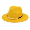 Elegant yellow straw fedora sun hat with pearl bead chain for summer sun protection - M / Yellow