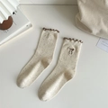 Beige cotton crew socks with colorful dots, brown ruffled edges and bow embroidery - Coffee