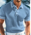 Men's light blue knit polo shirt with vertical stripes and white contrast trim on a beach - 3XL / Blue
