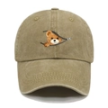 Detailed view of creative bear print peeking through zipper on cotton baseball cap - Khaki