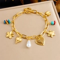 Vintage golden stainless steel charm bracelet with flowers, hearts and colorful beads - Colorful Bead Flower and Heart Style (B1612)