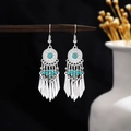 Bohemian silver earrings with turquoise beads and leaf-shaped metal tassels - Turquoise Blue (E6131-2)