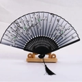 Japanese style black folding fan with cherry blossom pattern and black silk tassel - Black Ribs Pattern 29
