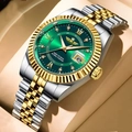 Elegant men's watch with green dial and gold-silver steel band featuring a calendar display - Two-tone Gold & Silver with Green Dial (EU Standard Butterfly Buckle)