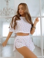 Zweiteiliger Damen-Schlafanzug aus weißer Baumwolle mit roten Herzen, Crop-Top und Shorts - S / Weiß