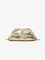 Macro detail of golden snake-textured cloud clutch featuring a metallic chain strap - Light Gold Mesh Snake