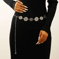 Detail of silver geometric hollow circular link waist chain on black ribbed dress - Hollow Round Style (5191)