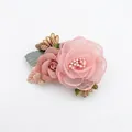 Pink fabric artificial flower hair clip with gauze petals and green leaves - Style 13 (Delicate Pink Fabric Flower)