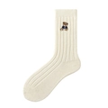 Cream-white ribbed crew socks with cute bear embroidery and classic knitted texture - One Size / Off-White (Blue T-Shirt Bear)