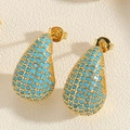 Teardrop hollow stud earrings in gold with sky blue stones and paved zircons - Turquoise Blue Zirconia