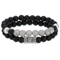 Ensemble de deux bracelets en perles noires mates avec couronne d'argent et zircones - Argenté