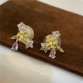 Vintage floral ear clips with yellow enamel petals, white pearls and purple teardrop gems - A4 Gold Flower Drop Clip Earrings