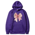 Purple Christmas hoodie with festive bow print and drawstring hood for couples - Purple