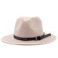 Chapeau de paille beige classique avec ruban en cuir noir orné de rivets en métal - Rose