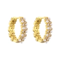 Detail of 18K gold plated hoop earrings with inlaid pearls and rectangular zircons - Gold Baguette Zirconia Pearl Hoop Earrings