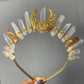Detail of handmade crystal crown headband featuring gold wire wrapped moon and gems - Pink White Patch Moon