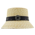 Detailed macro view of beige straw bucket hat featuring black leather band and silver buckle - Black Belt Round Buckle Style (JX-S77623)
