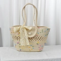 Handwoven straw tote bag in off-white with lace bow and pearl accent detail - Large Colorful Dots Hollow with Silk Scarf