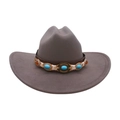 Sombrero vaquero de fieltro de lana café oscuro con banda étnica decorativa de turquesa - Gris