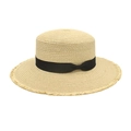 Sombrero canotier de paja beige con cinta negra y borde de flecos suaves - M (56-58cm) / Beige