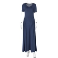 Detail view of navy blue summer dress with elegant side ruching and pleated waist design - S / Navy Blue