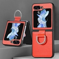 Red leather case for Samsung Z Flip with black shockproof frame and metal finger ring - Orange