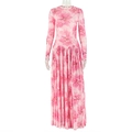 Detail of pink floral print dress with pleated A-line skirt flowing in a natural drape - S / Pink Pattern