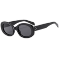 Classic black oval sunglasses with three metal rivets on a white background, 45-degree angle view - Bright Black