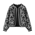 Women's autumn casual set featuring black floral embroidery jacket and shorts in a flat lay - S / Tops