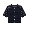 Kurze, marineblau und weiß gestreifte Strickjacke mit kurzen Ärmeln und sechs Knöpfen - S / Marineblau Gestreift