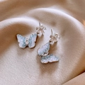Elegant silver butterfly flower stud earrings with sky blue crystal wings for women - Sky Blue Butterfly Wing Flower Drop