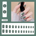 Medium square sage green press-on nails with silver glitter stripes decoration - Forest Green Square Nails Glue Style (CF008)