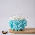 Blue and white gradient wave candle with Best Wishes ribbon on a wooden tray - Wave Pattern 5 / Blue