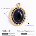 18k gold plated stainless steel oval pendant with black stone obsidian inlay detail - Black Oval Gemstone Style (PJ91418)