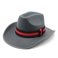 Dark grey wool fedora hat with a wide brim and decorative black and red striped band - M (56-58cm) / Gray