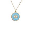 Goldene Evil Eye Halskette mit blauem Emaille und Zirkonia Steinen auf weißem Hintergrund - Himmelblau