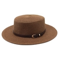 Brown wide brim boater hat with leather band and gold horseshoe buckle detail - M (56-58cm) / Brown