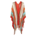Detail of colorful knitted shawl featuring V-neckline and fringed edges on white background - 135cmx100cm / Orange Blue Multicolor Striped (5#)