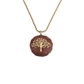 Close-up of golden tree of life pendant featuring dark red resin stone on twist chain - Red Jasper + 60CM Rope Chain