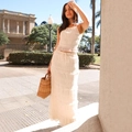 Elegant white smocked two-piece set featuring a crop top and tiered maxi skirt - S / Milky White
