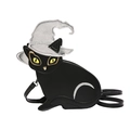 Quirky black cat PU leather crossbody bag with silver wizard hat and yellow eyes - Silver
