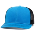 Detail view of the sky blue and black trucker hat featuring breathable mesh and stitching - Adjustable / Blue Black