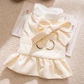 Quilted cream dog dress with faux fur collar and large bow for autumn and winter - XS / Dresses / Beige Skirt
