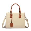 Minimalist beige leather handbag with brown handles and a detachable shoulder strap - Apricot