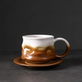 Japanese vintage ceramic coffee cup and saucer set with brown amber gradient glaze - 235-b Irregularly Shaped Curved Cup + Saucer (golden Brown) 240ml / Universal