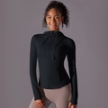 Detail view of black hooded sports jacket with zipper and thumbholes for yoga - S / Black