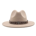 Close-up of wool fedora hat with double-row metal studs and ethnic engraved buckle detail - M / Light Purple Grey