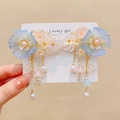 Blue and pink gradient floral hair clips with golden tassels and pearls in vintage style - Yunwan Blue Pink Gradient