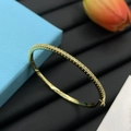 Eleganter Goldarmreif mit funkelnden Zirkonia neben blauer Schmuckschatulle und Tulpen - Gold