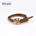 Slim khaki leather belt for women featuring a 3D golden rose buckle and precise stitching - Khaki / 105cm